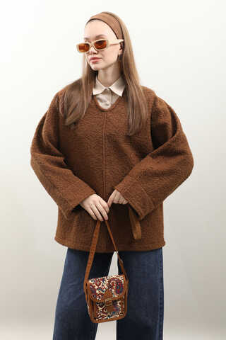 Buklet V Yaka Sweat Taba - 1