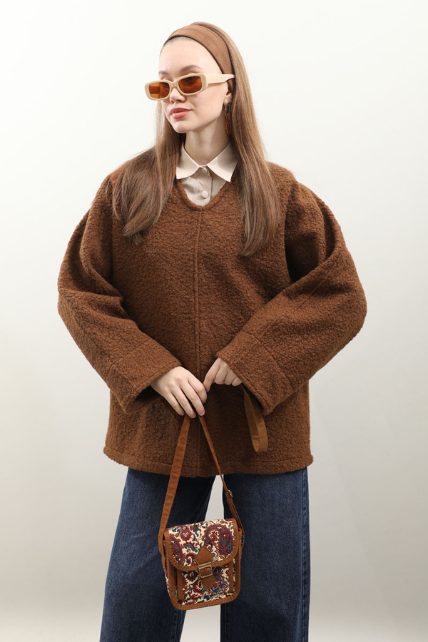 Buklet V Yaka Sweat Taba - 1