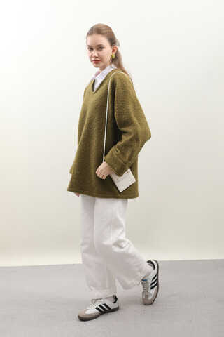 Buklet V Yaka Sweat Yağ Yeşili - 3