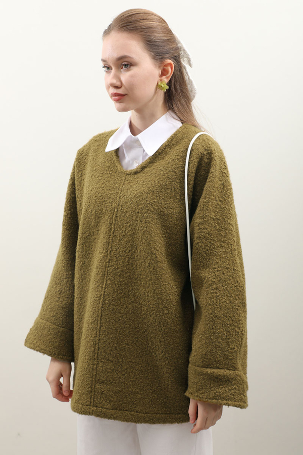 Buklet V Yaka Sweat Yağ Yeşili 