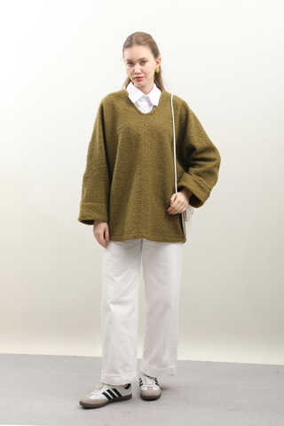 Buklet V Yaka Sweat Yağ Yeşili - 2