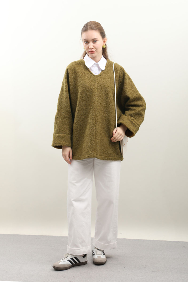 Buklet V Yaka Sweat Yağ Yeşili - 2