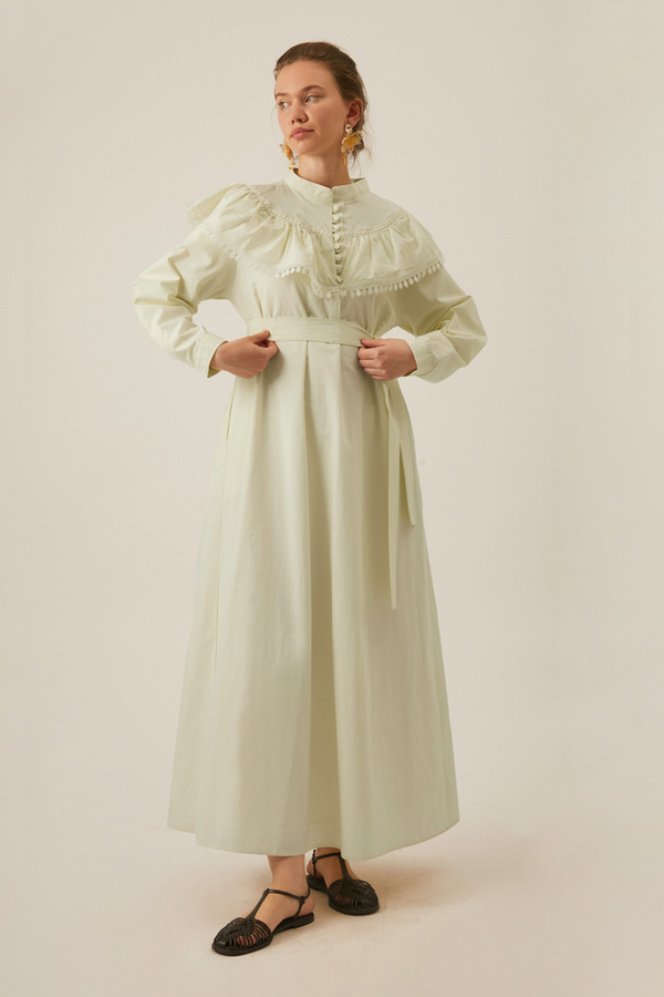 Robası Volan Detaylı Elbise Tereyağı Sarısı - 12