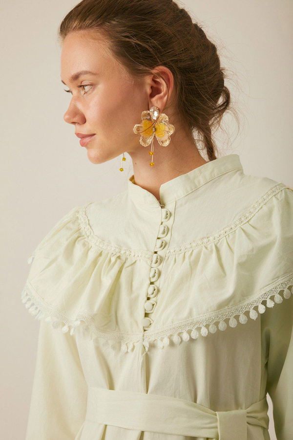 Robası Volan Detaylı Elbise Tereyağı Sarısı - 14