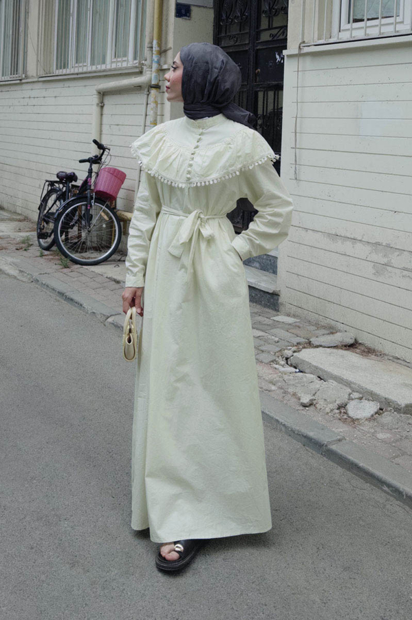 Butter Yellow Dress with Ruffled Yoke Detail 