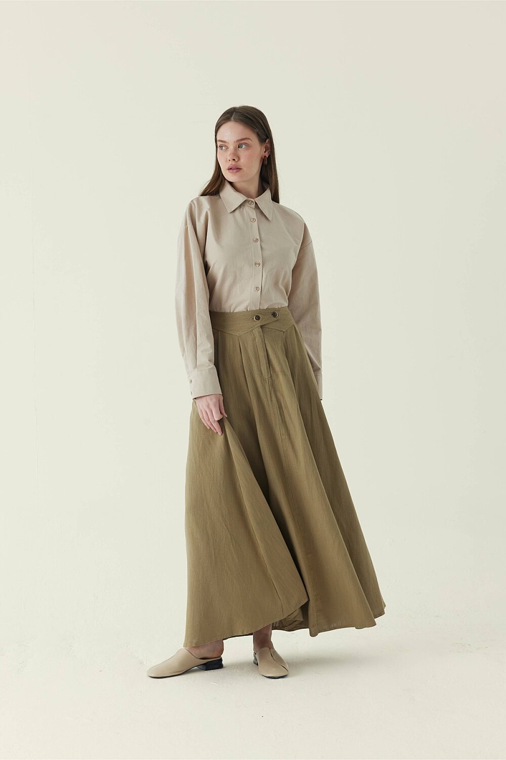 Buttoned Belt Skirt Khaki - 5