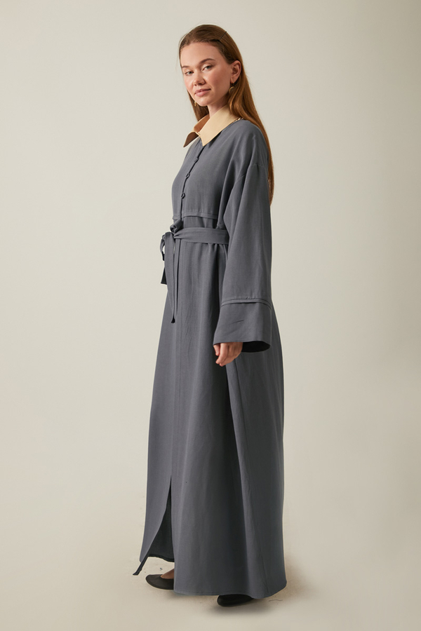 Buttoned Linen Abaya Anthracite - 9