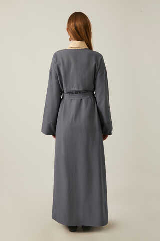 Buttoned Linen Abaya Anthracite - 11