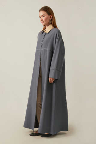 Buttoned Linen Abaya Anthracite - 2