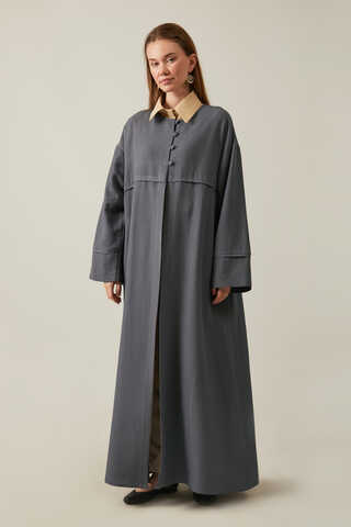 Buttoned Linen Abaya Anthracite - 4