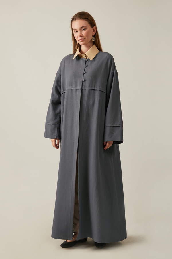 Buttoned Linen Abaya Anthracite - 4
