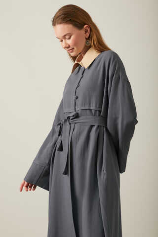 Buttoned Linen Abaya Anthracite - 7