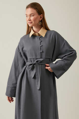 Buttoned Linen Abaya Anthracite - 8