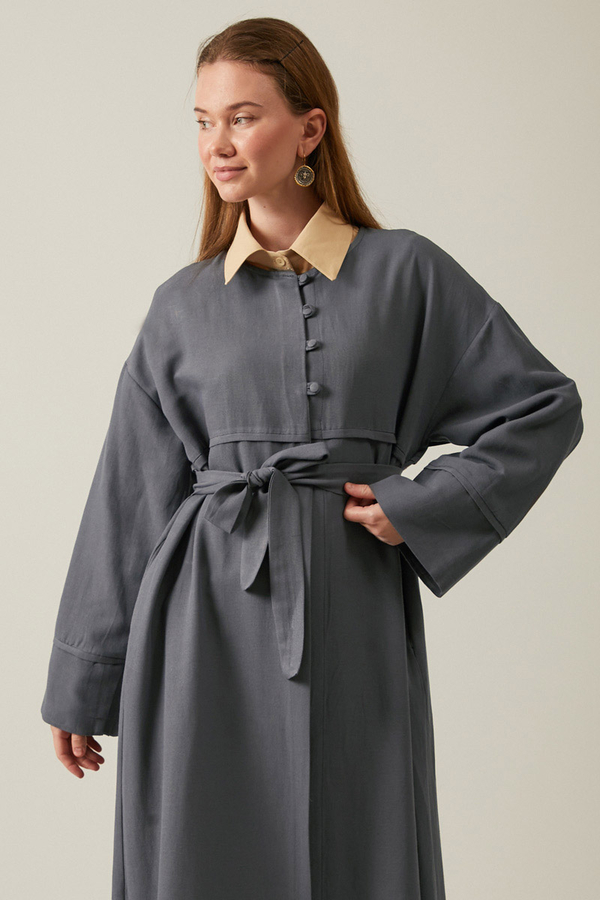 Buttoned Linen Abaya Anthracite - 8