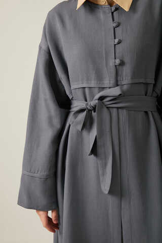 Buttoned Linen Abaya Anthracite - 12