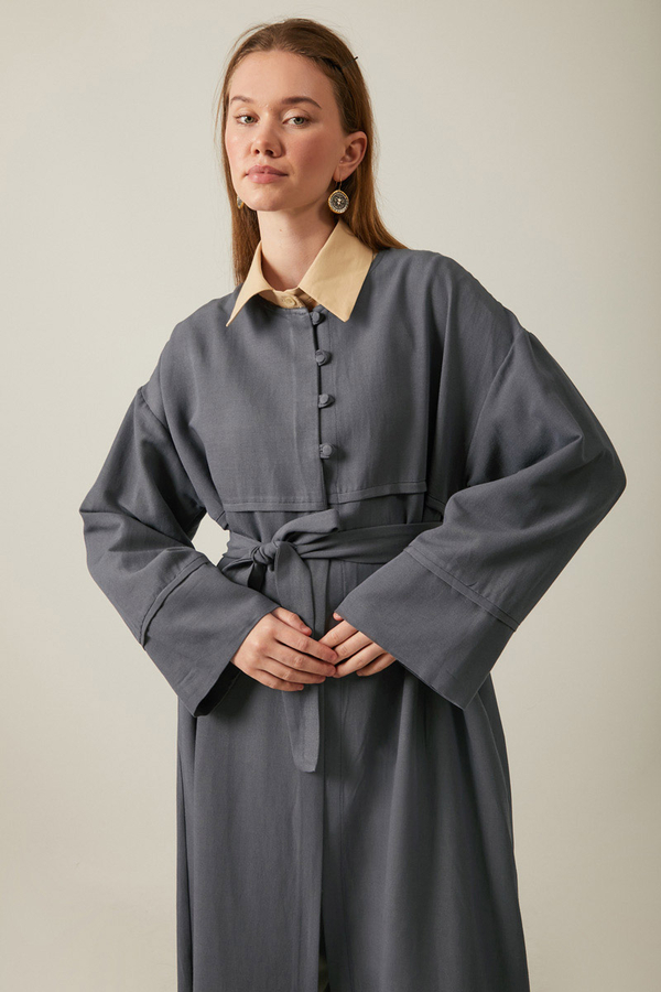 Buttoned Linen Abaya Anthracite - 1