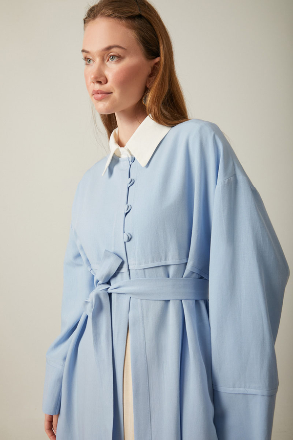 Buttoned Linen Abaya Baby Blue - 10