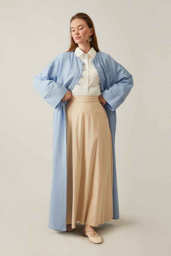 Buttoned Linen Abaya Baby Blue - 7