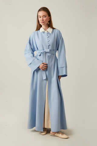 Buttoned Linen Abaya Baby Blue - 14