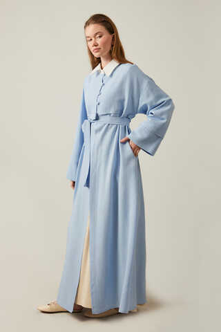 Buttoned Linen Abaya Baby Blue - 16