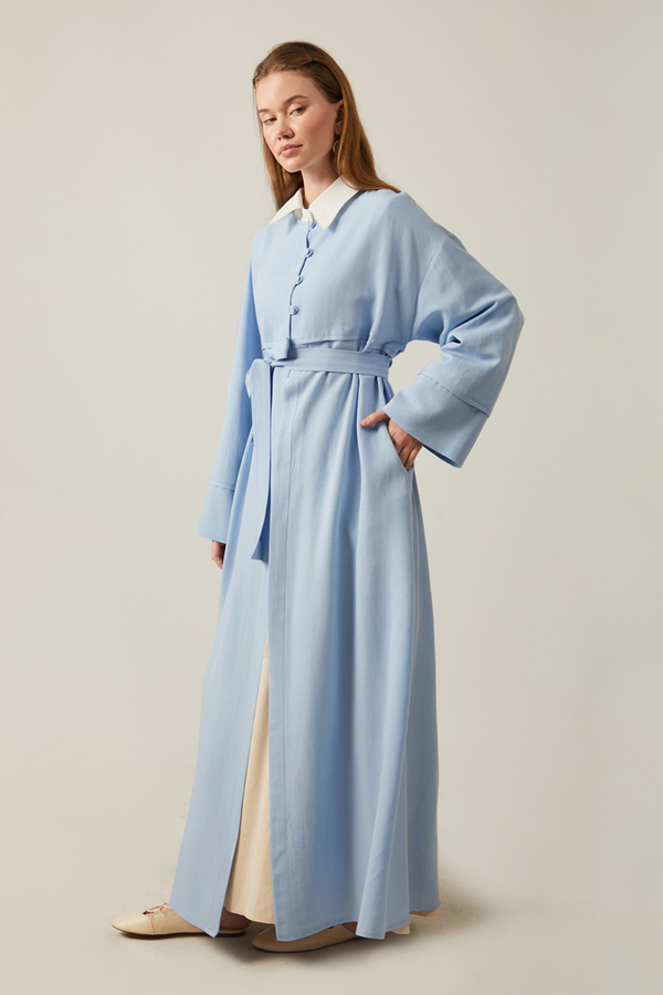 Buttoned Linen Abaya Baby Blue - 16