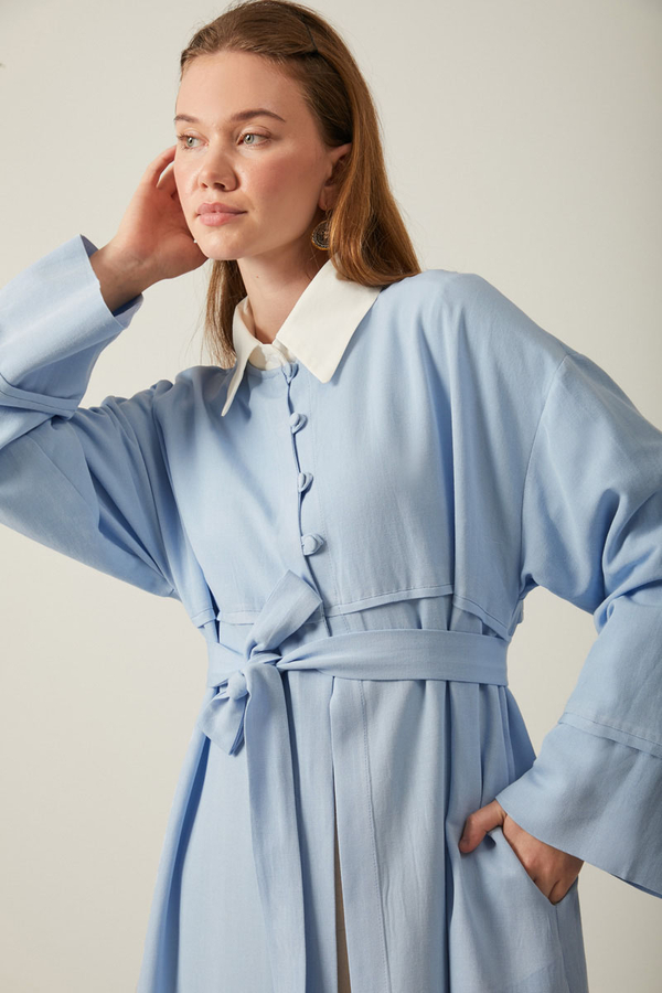 Buttoned Linen Abaya Baby Blue - 8