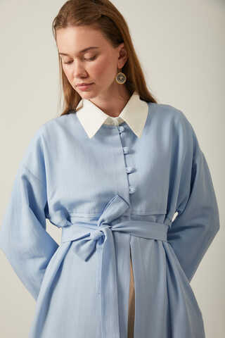 Buttoned Linen Abaya Baby Blue - 9