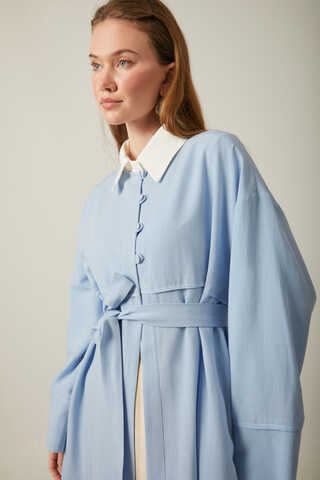 Buttoned Linen Abaya Baby Blue - 10