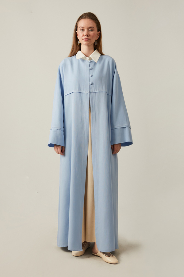 Buttoned Linen Abaya Baby Blue - 12