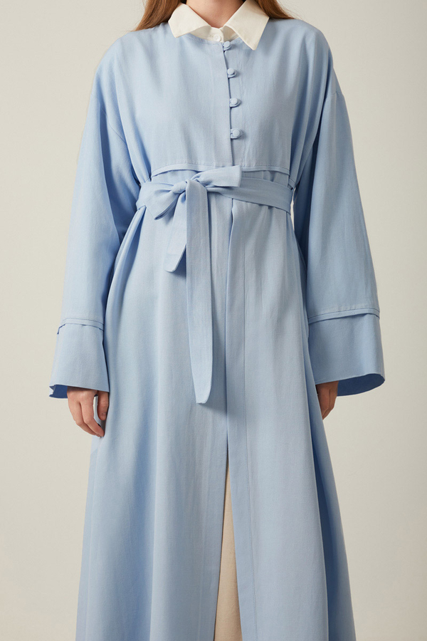 Buttoned Linen Abaya Baby Blue - 13