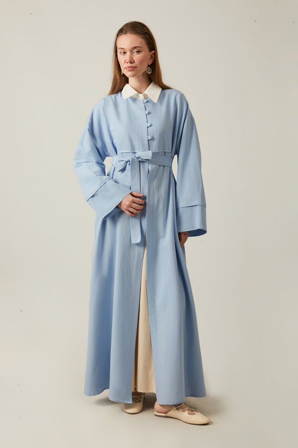 Buttoned Linen Abaya Baby Blue - 14