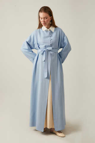 Buttoned Linen Abaya Baby Blue - 15