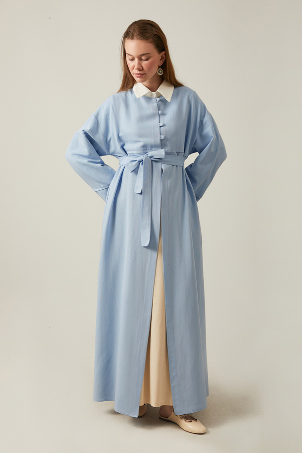 Buttoned Linen Abaya Baby Blue - 15