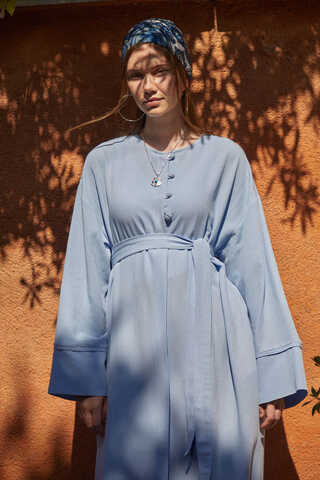 Buttoned Linen Abaya Baby Blue - 2