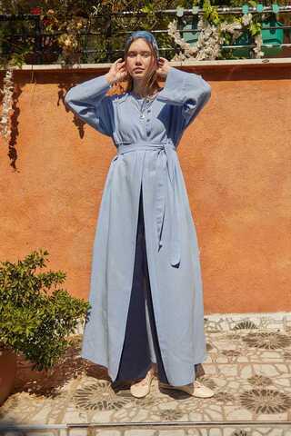 Buttoned Linen Abaya Baby Blue - 1