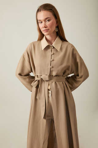 Buttoned Linen Abaya Camel - 3