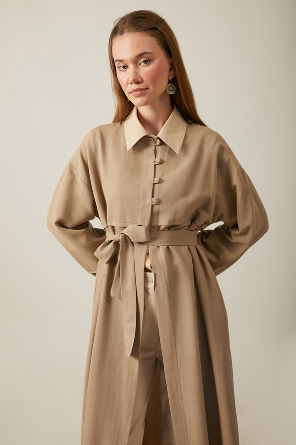 Buttoned Linen Abaya Camel - 3