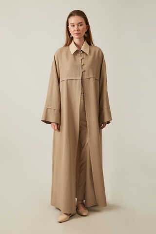 Buttoned Linen Abaya Camel - 4
