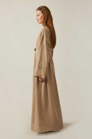 Buttoned Linen Abaya Camel - 9