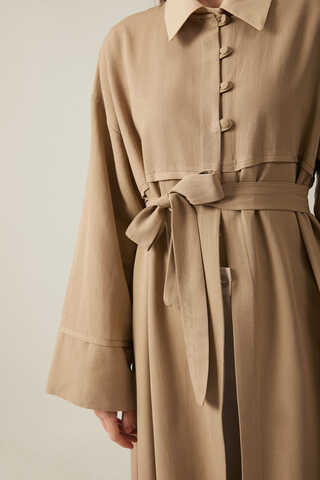 Buttoned Linen Abaya Camel - 10
