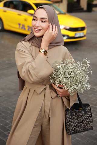 Buttoned Linen Abaya Camel - 1