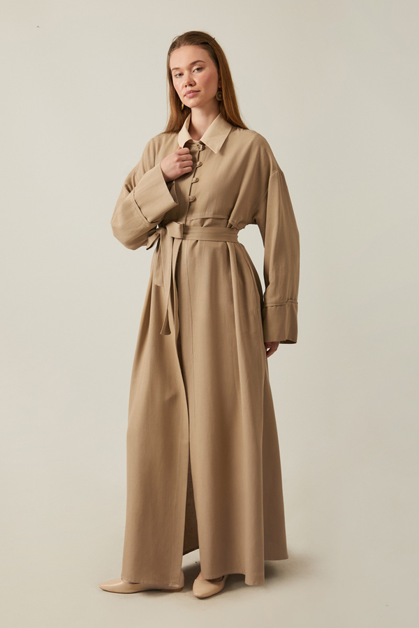 Buttoned Linen Abaya Camel - 7