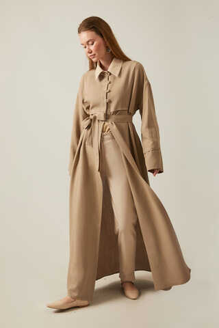 Buttoned Linen Abaya Camel - 8