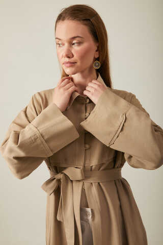 Buttoned Linen Abaya Camel - 12