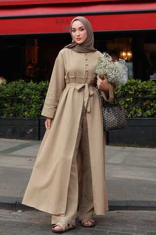 Buttoned Linen Abaya Camel - 2