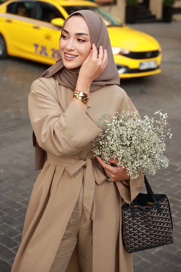 Buttoned Linen Abaya Camel - 1