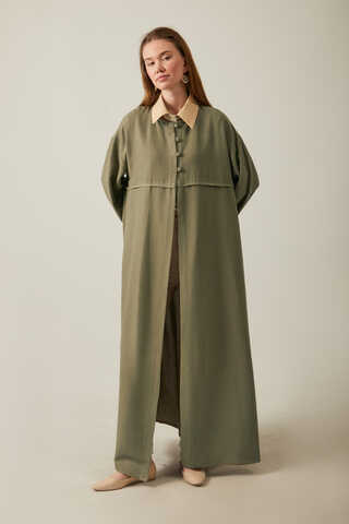 Buttoned Linen Abaya Khaki - 2