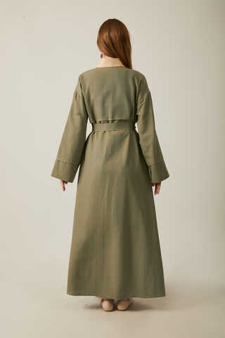 Buttoned Linen Abaya Khaki - 13