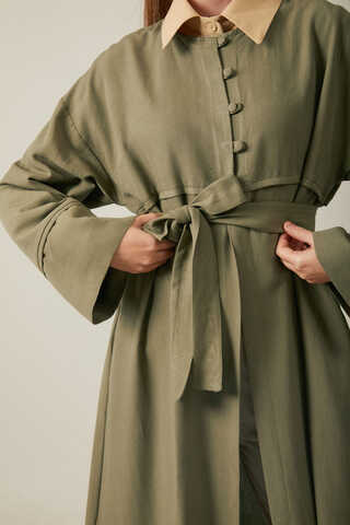 Buttoned Linen Abaya Khaki - 6