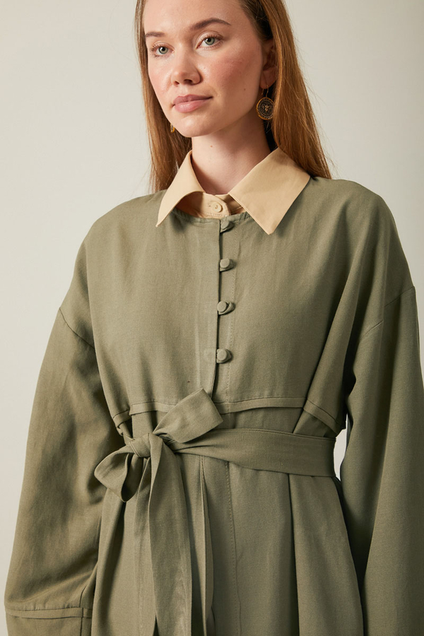 Buttoned Linen Abaya Khaki - 11